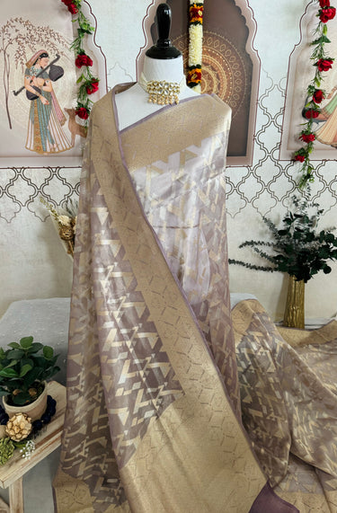 Banarasi Tissue Silk Alfi Saree | Light Greyish Purple | Gold & Silver Zari | Handwoven | Silk Mark Certified | Ships from California